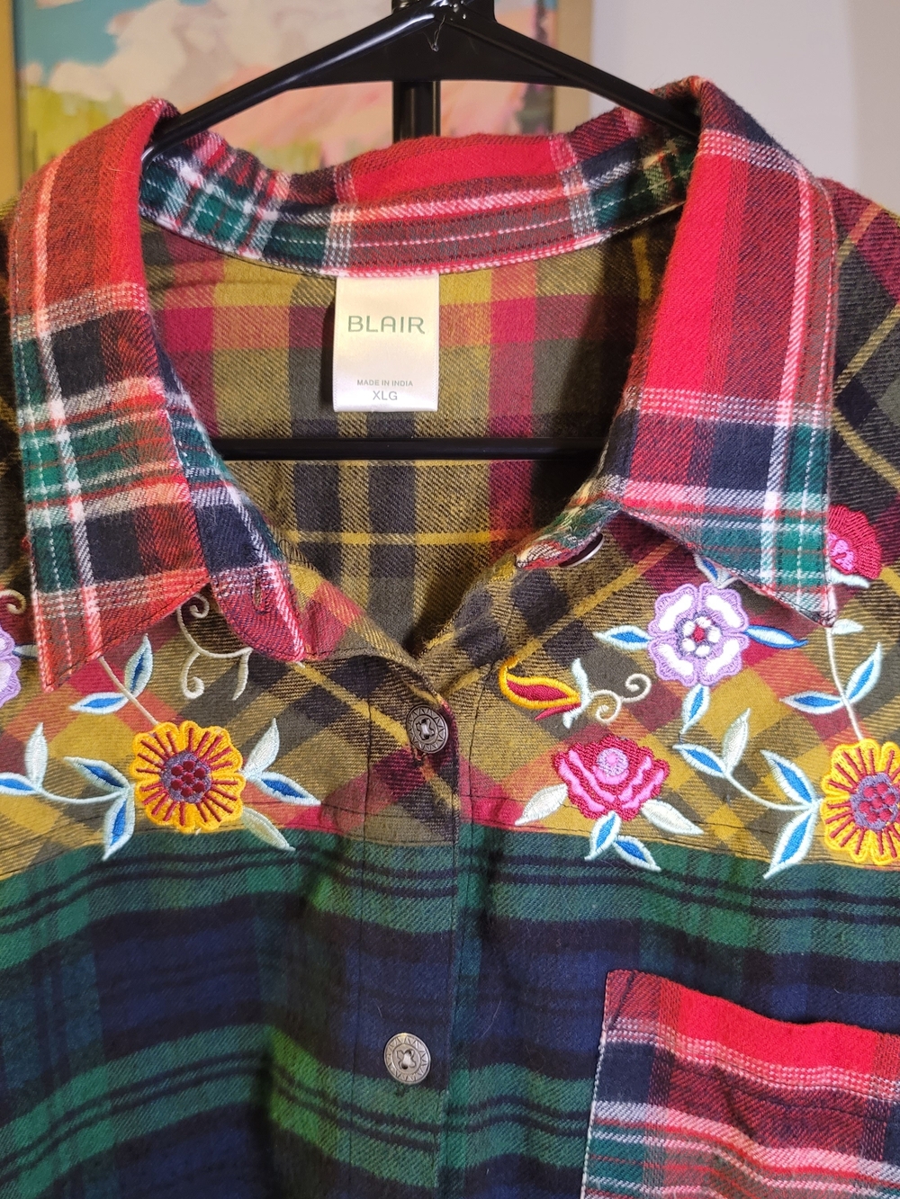 Vintage Floral Embroidered Western Colorblock Plaid Shirt Cottage Cabincore XL - Picture 3 of 7